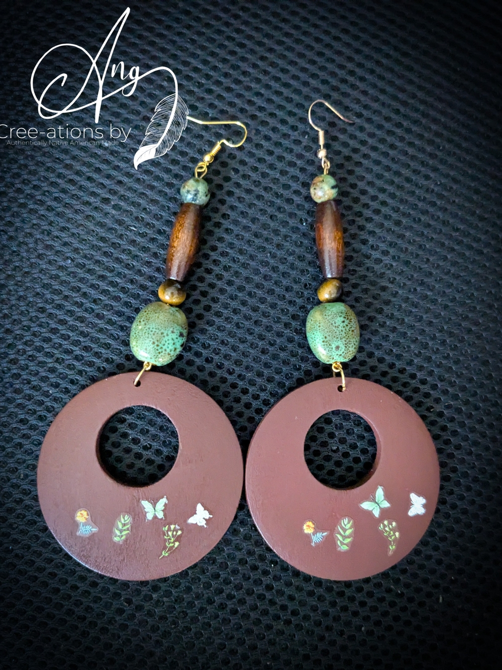 Boho Brown Floral African Turquoise, Wood & Ceramic Statement Earrings